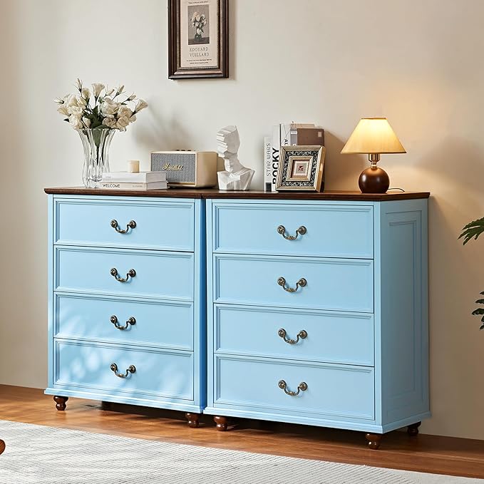 Farmhouse 4 Drawer Dresser Set of 2 for Bedroom, 37" Tall Rustic Chests of Drawers w/ 4 Solid Wood Feet, Mid Century Vintage Wooden Closet Storage Dressers Organizer for Living Room,Light Blue-DeskLoop Office