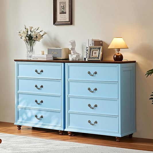 Farmhouse 4 Drawer Dresser Set of 2 for Bedroom, 37" Tall Rustic Chests of Drawers w/ 4 Solid Wood Feet, Mid Century Vintage Wooden Closet Storage Dressers Organizer for Living Room,Light Blue-DeskLoop Office