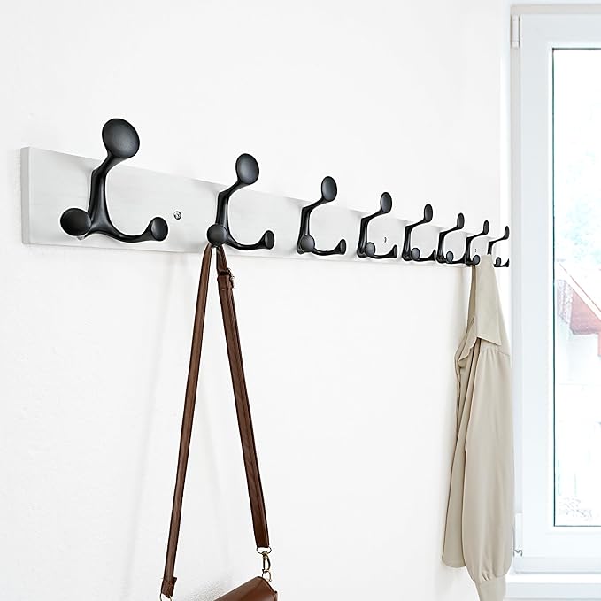 SKOLOO 43-Inch White Wood Coat Rack Wall Mount with 8 Triple Hooks - Ideal for Family Entrances, Classrooms, and Pet Supplies Storage - Perfect Coat Hooks for Wall-DeskLoop Office
