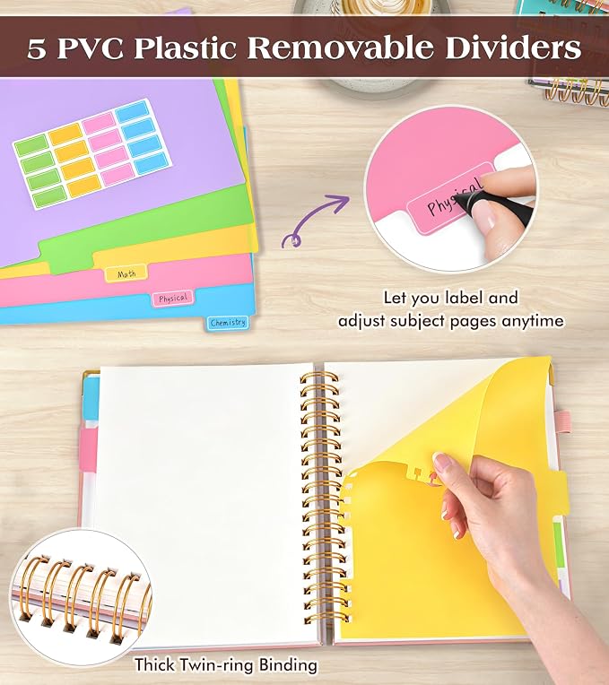 5 Subject Blank Notebook with Removable Dividers Tabs, 300 Pages Hardcover - Image 3