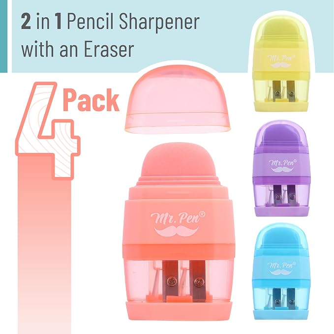 Mr. Pen- Pencil Sharpener & Eraser, 4 Pack | 2-in-1 Manual Sharpeners - Image 2