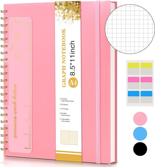 Graph Paper Notebook, Spiral Notebook Journal 8.5” x 11”, A4 Large Grid Notebooks for Women Men, 100 GSM Graph Paper, Plastic Hardcover Spiral Graphing Journals for Work School Engineering, Pink-DeskLoop Office