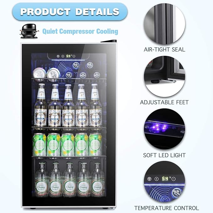 Antarctic Star Beverage Refrigerator Cooler -120 Can Mini Fridge Glass Door for Soda Beer or Wine Constant Glass Door Small Drink Dispenser Clear Front Door for Home, Office Bar 3.2cu.ft-DeskLoop Office