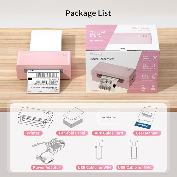 Bluetooth Thermal Shipping Label Printer, 4X6 Inkless Label Machine for iOS, Android, Laptop, Wireless Printer for Small Business, Compatible with Amazon, UPS, Shopify, Pink-DeskLoop Office