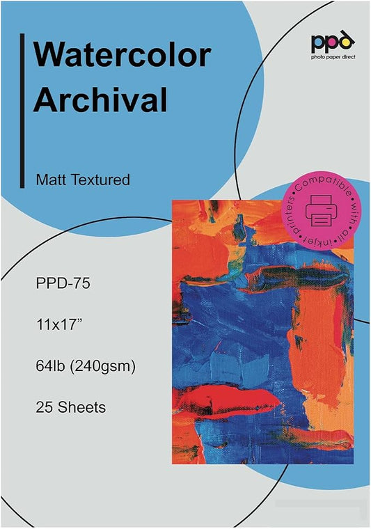 PPD Watercolor Printer Paper, 11 x 17 inches, 25 Sheets, Heavy 240 gsm/60 lb by PhotoPaperDirect