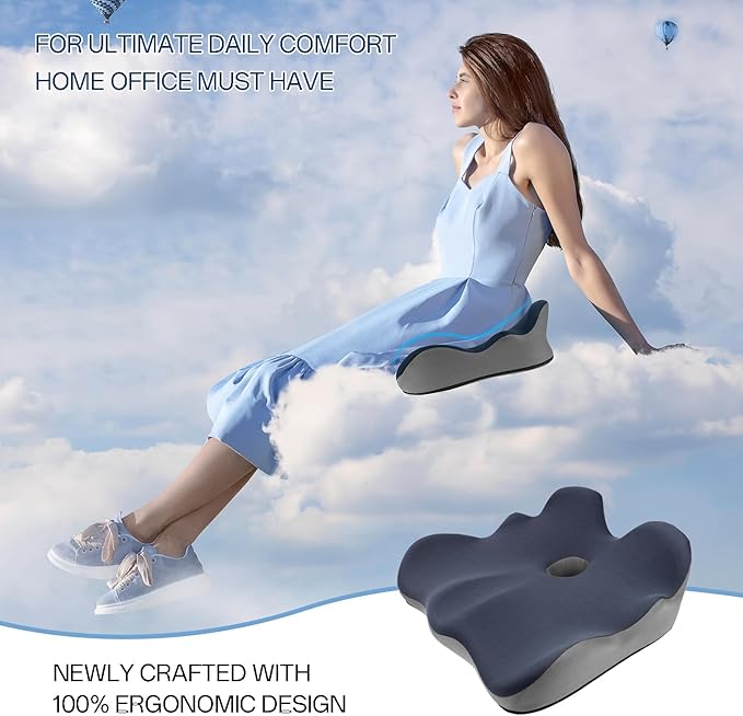 Seat Cushion, X-Large Memory Foam Office Chair Cushion, for Pressure Relief Sciatica & Pain Relief for Long Sitting Hours on Office/Home Chair, Car (Blue)-DeskLoop Office