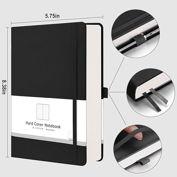 AHGXG Bullet Dotted Journal - 320 Numbered Pages Dot Grid Notebook A5 Thick Journal, 100gsm Thick Dotted Paper, Leather Hardcover,Inner Pocket, 5.75'' × 8.38'' - Black-DeskLoop Office