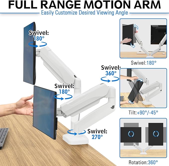 MOUNTUP Dual Monitor Stand for Desk, Pneumatic Monitor Arms for 2 Monitors Max 32 Inches, Height Adjustable Double Monitor Mount, VESA Mounts with C-Clamp & Grommet Base, Holds 4.4-17.6lbs, White-DeskLoop Office