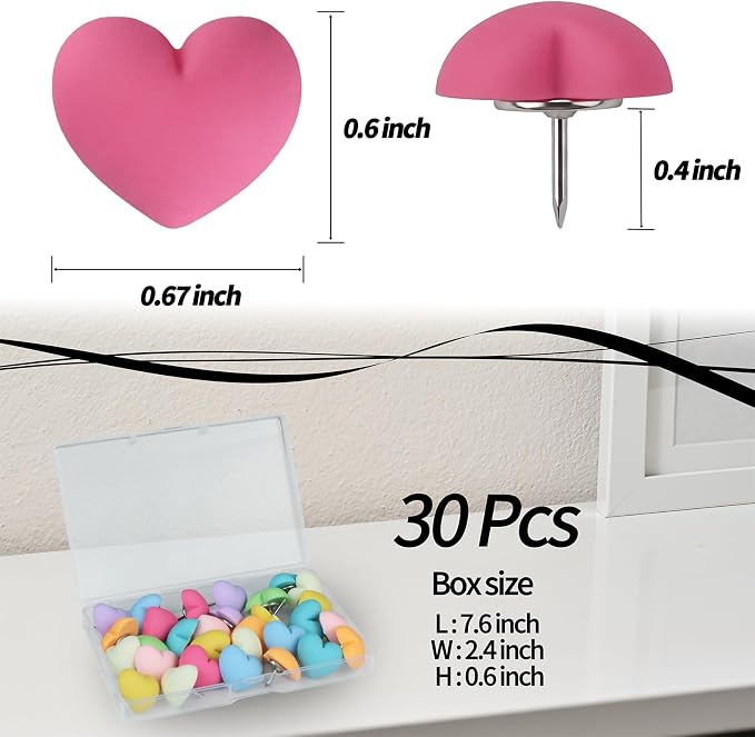 30 Pcs Decorative Push Pins Soft Love Heart Thumbtacks in 9 Colors Cute Office - Image 4