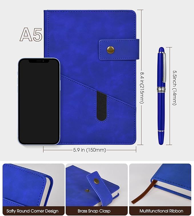 A5 Lined Leather Journal Notebook for Men Women,5.9" X 8.4" Personalized Hardcover Journal with Pen,200 Pages 100 Gsm Thick Ruled Paper Daily Diary for School,Travel,Work,Home,Writing-DeskLoop Office