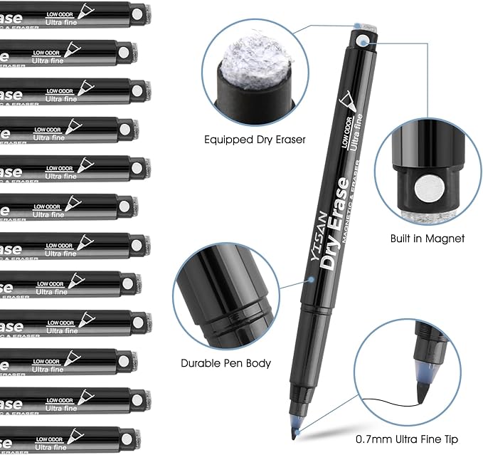 YISAN Black Dry Erase Markers Ultra Fine Tip, 0.7mm Extra Fine Point, Low Odor - Image 2
