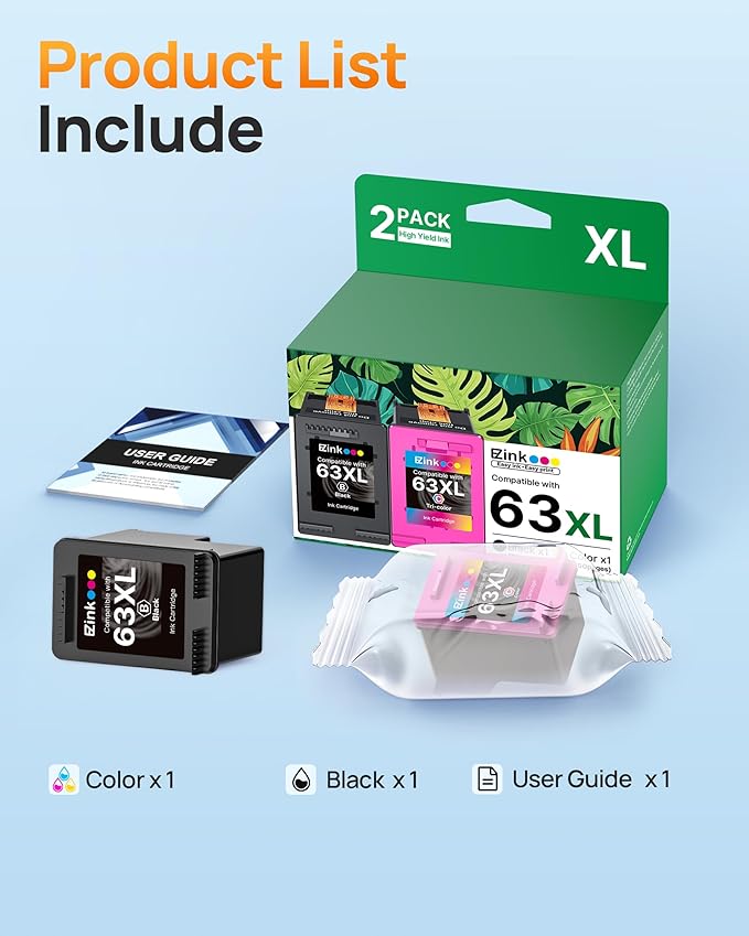 63XL Ink Cartridges Black and Color Remanufactured Replacement for HP Ink 63 for HP 63XL Ink Cartridges Combo Pack Work for HP Officejet 4650 3830 3833 5255 5258 Envy 4520 Deskjet 1112 3637 (2 Pack)-DeskLoop Office