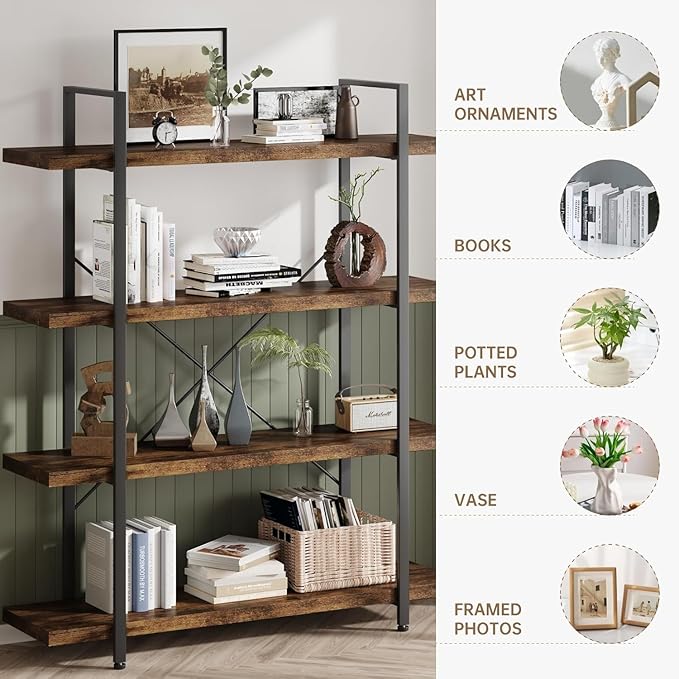 Heavy Duty 4-Tier Industrial Bookcase, 47" Wide Wood Bookshelf for Home Office, 120lbs Shelf Capacity, Rustic Open Shelving Display with Reinforced Horizontal Shelf for Living Room Bedroom-DeskLoop Office