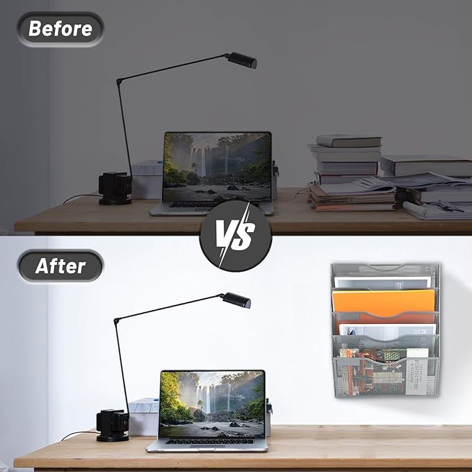 EASEPRES 5 Pocket Mesh Hanging Wall File Organizer, Wall Mounted Mail Paper Document Folder Holder, Clipboard Storage Organization Magazine Rack with Nametag Label for Office Home School, Gray-DeskLoop Office