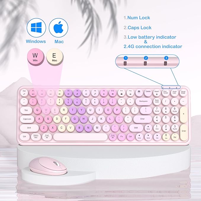 Colorful Wireless Keyboard Mouse Combo, Gradient Rainbow Colors 100 Keys and 2.4GHz Optical Mouse Connection for Windows, Mac, Laptop, PC, Desktop (Pink Colorful)-DeskLoop Office