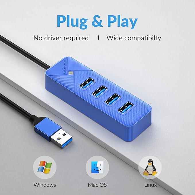 4 Port USB 3.0 Hub, 5Gbps Multi Ports USB Splitter USB Expander for Laptop, Computer, PC, PS4, Xbox, Printer, Keyboard, Mouse, Compatible with Windows, Mac OS, Linux (Blue, 15cm)-DeskLoop Office
