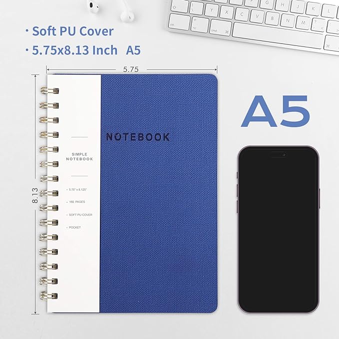 Lined Spiral Notebook College Ruled A5 Journal Book for Note Taking, 160 Pages Writing Journal for Office and Home School Supplies 5.75x8.125 inch - Navy Blue-DeskLoop Office