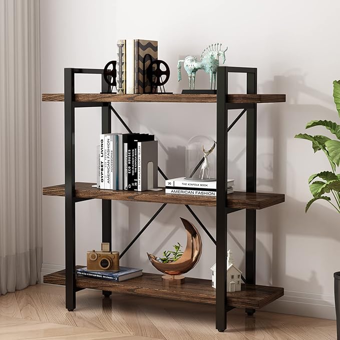 3 Tier Bookshelf Modern Rustic Open Bookshelf Office Solid Wood Bookcase and Book Shelves Wood and Metal Shelving Unit,Distressed Brown (AY-02-3Tier)-DeskLoop Office