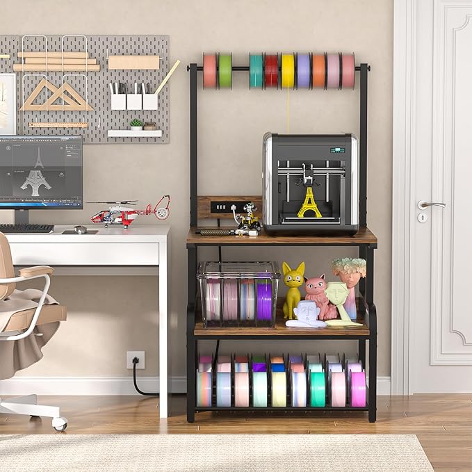 Homieasy Printer Stand with Charging Station, 29.1" x 22.8" Large 3D Printer Table with Filament Storage, Heavy Duty Rolling Printer Cart with 4-Tier Storage for Workshop/Office/Garage, Rustic Brown-DeskLoop Office