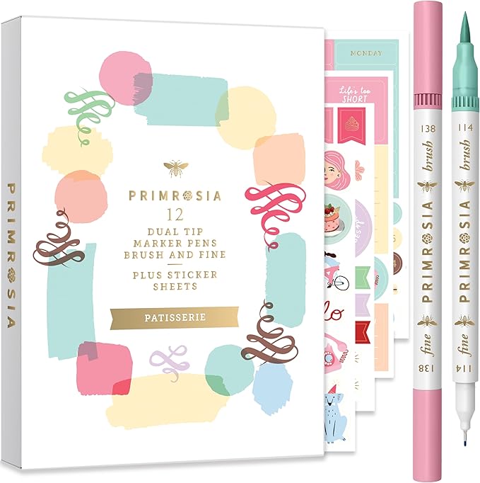 Primrosia 12 Dual Tip Watercolor Marker Pens - Fine Tip & Brush Tips, Professional Quality, 4 x Sticker Sheets, Blendable, Non-Toxic, Perfect for Calligraphy, Drawing & Coloring. (Patisserie)-DeskLoop Office