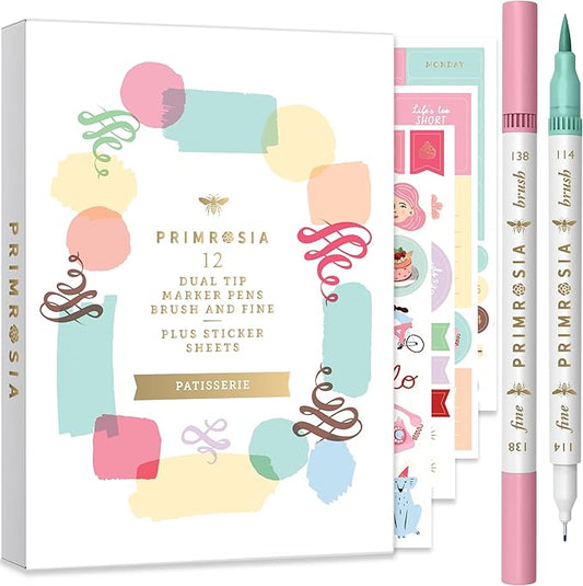 Primrosia 12 Dual Tip Watercolor Marker Pens - Fine Tip & Brush Tips, Professional Quality, 4 x Sticker Sheets, Blendable, Non-Toxic, Perfect for Calligraphy, Drawing & Coloring. (Patisserie)-DeskLoop Office
