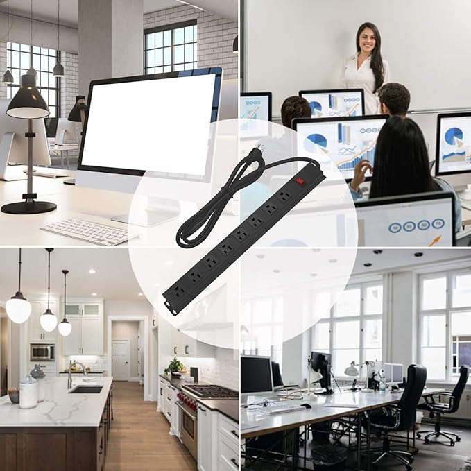 2Pack Metal 8 Outlet Mountable Power Strip, Wall Mount Outlet Heavy Duty, Wide Spaced Commercial Shop Power Strip with Switch, 3 FT SJT 14AWG Power Cord.-DeskLoop Office