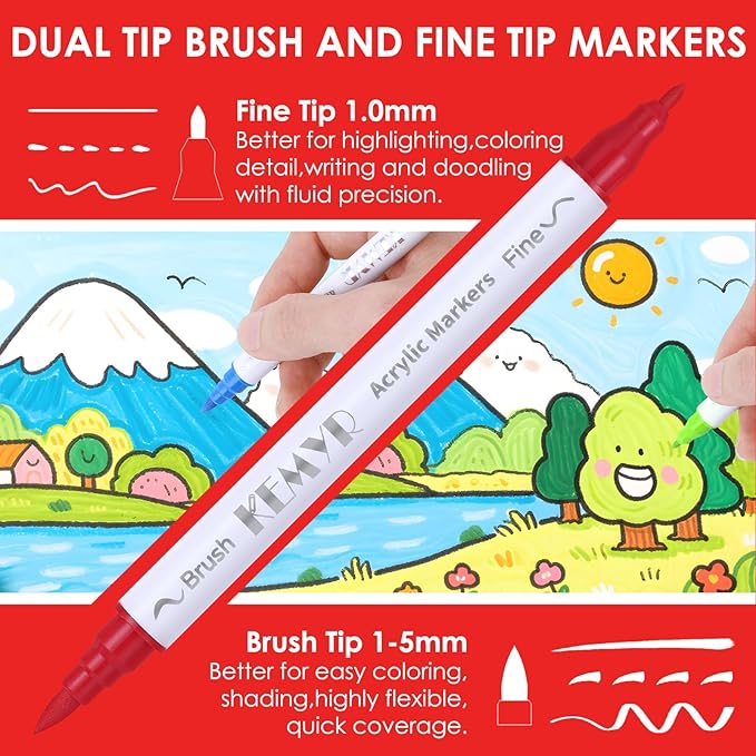 100 Colors Brush & Fine Tip Acrylic Paint Pens, Dual Tip Acrylic Paint Markers for Paper, Wood, Canvas, Stone, Rock, Glass, Fabric, DIY, Ceramic, Art Supplies for Kids and Adults Drawing-DeskLoop Office