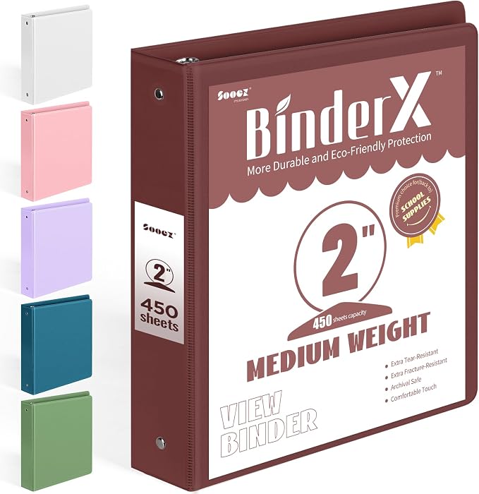 BinderX Extra Durable 3 Ring Binder, Round Ring 2 Inch Binders, Fits 450 Sheets by Sooez