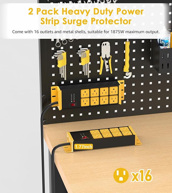 HHSOET 2 Pack Heavy Duty Power Strip 8 Outlets, Metal Wall Mount Outlet Strip 4800J Surge Protector, Garage Shop Under Desk Mountable 5FT Extension Cord Plug.-DeskLoop Office