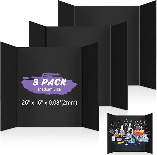 3 Pack Medium Trifold Poster Board 26" x 16" Tri Fold Poster Boards Black Corrugated Cardboard Project Boards for Presentations, School Projects, Science Fair, Exhibition Event Display-DeskLoop Office