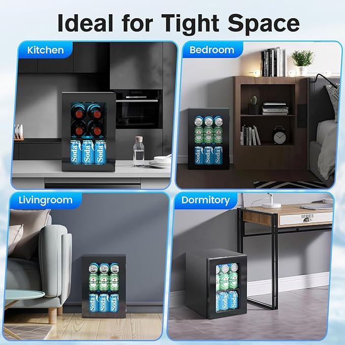 24 Cans Beverage Refrigerator Cooler, Mini Fridge Countertop Drink Cooler for Soda, Canned Beer, Adjustable Digital Temperature Control for Home Dorm Office, Black-DeskLoop Office