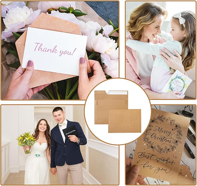 100 Packs Brown Blank Flat Cards and Envelopes 5 x 7 Heavyweight Single Panel Cardstock and A7 Envelopes Self Seal for Wedding Invitations, Birthday, Thank You Cards, Mailing