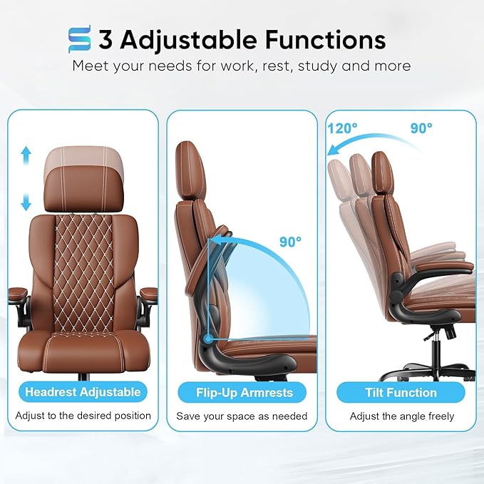 Sytas Executive Leather Office Chair, Comfy Desk Chair with Adjustable Headrest & Flip-up Padded Arms & Lumbar Support, Adjustable Hight and Tilt, Rolling Swivel, Brown-DeskLoop Office