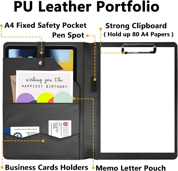 Portfolio Folder Padfolio with A4 Clipboard, PU Leather Portfolio Clipboard - Image 2