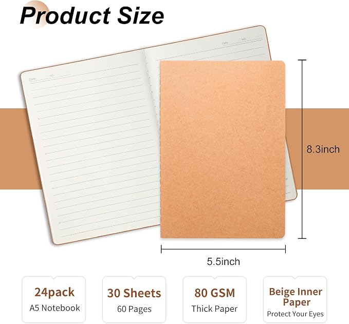 miikoul 24 Pack A5 Kraft Paper Notebook Lined Journal Bulk, 8.3 X 5.5 Inch - Image 2