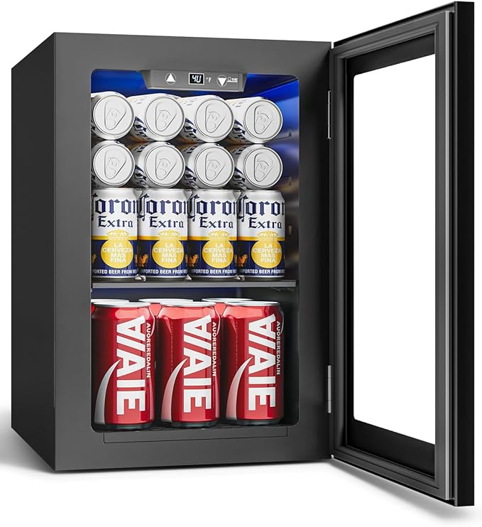 24 Cans Beverage Refrigerator Cooler - Mini Fridge with Glass Door, Soda Wine Beer Drink Fridge - Small Refrigerator for Office Home Bedroom Dorm Bar, Black-DeskLoop Office