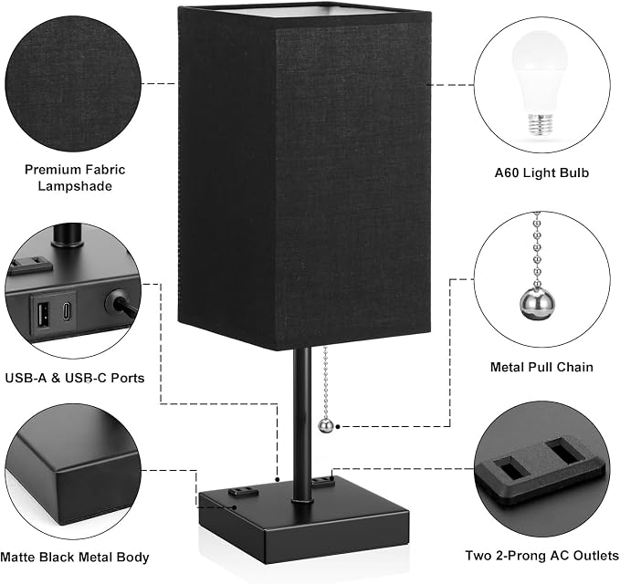 Black Medium Table Lamp with USB Ports - Image 6