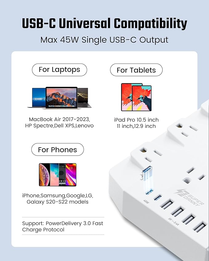 45W Power Strip Surge Protector with PD USB-C, SUPERDANNY 1875W/15A, 2100J, 6.5ft Flat Plug Mountable Extension Cord with 22 Outlet+6 USB Port, Fast Charging for Home,Office,Dorm,Gaming,PC,Streaming-DeskLoop Office