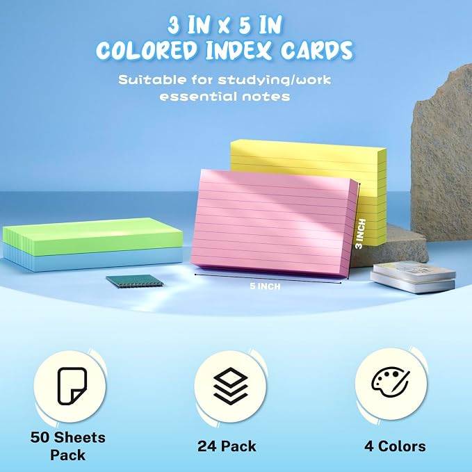 Colored Index Cards 3x5, 4 Bright Notecards 3x5 Lined, 50 Per Color 3 x 5 - Image 2