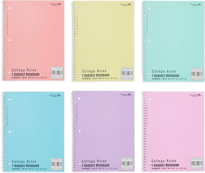 Blue Summit Pastel Spiral Notebook College Ruled, One Subject School Notebooks Spiral, Perforated Notebooks Bulk, 8 x 10.5 School Book, Paper, College Ruled, 12 Pack-DeskLoop Office