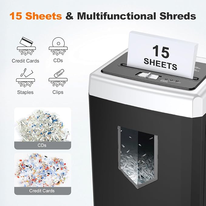 Bonsaii 15-Sheet Office Paper Shredder, 40-Minute Home Office Heavy Duty - Image 2