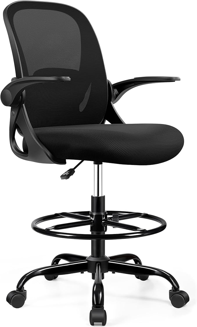 Drafting Chair Tall Office Chair with Flip-up Armrests, Adjustable Height, and Enhanced Lumbar Support - Ergonomic Rolling Stool, Back Support, and Adjustable Foot Rest Ring for Standing Desk Black-DeskLoop Office