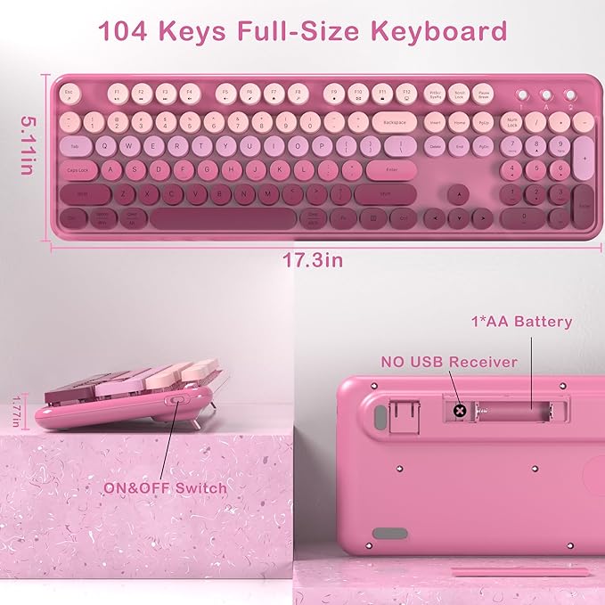 Colorful Wireless Keyboard and Mouse Combo, COVEVA 2.4GHz Wireless Retro Cute Round Keycaps Keyboard, 104 Keys Full-Sized Keyboard Mouse Set with Switch Button for PC Laptop Desktop (Pink Gradient)-DeskLoop Office