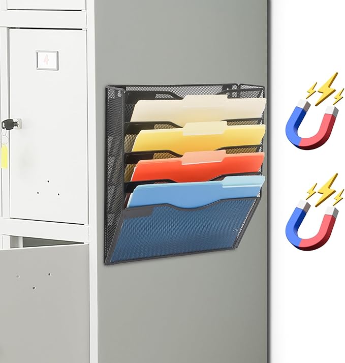 EASEPRES Magnetic 5 Pocket Mesh Hanging File Organizer, Wall Mounted Mail Paper Document Folder Holder, Clipboard Storage Organization Magazine Rack with Nametag Label for Office Home School, Black-DeskLoop Office