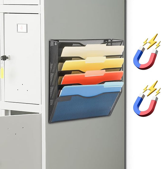 EASEPRES Magnetic 5 Pocket Mesh Hanging File Organizer, Wall Mounted Mail Paper Document Folder Holder, Clipboard Storage Organization Magazine Rack with Nametag Label for Office Home School, Black-DeskLoop Office