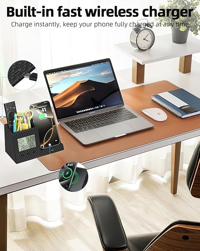 Multifunctional Pen Holder and Organizer for Desk with Wireless Charger, Digital Indoor Thermometer and Humidity Gauge, Home Office Organizers and Storage (Battery Included)-DeskLoop Office