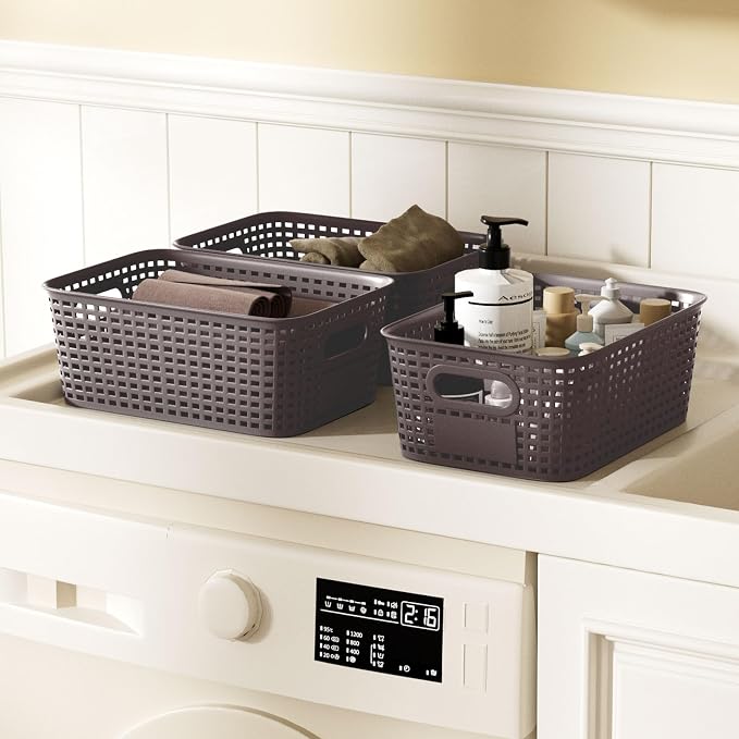 6Pcs Storage Bins with Lids, Stackable Plastic Storage Basket with Bamboo Lid - Image 4