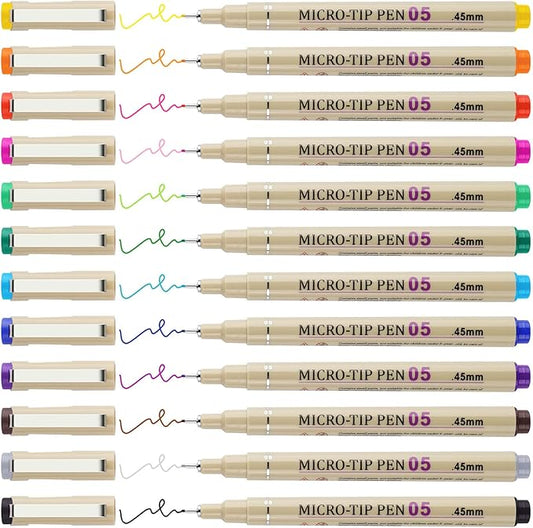 [12 Colors] 05 Micro, Fineliner Pen Set Ink, Fine Point Pen,Multi-liner, Sketching, Anime,Artist Illustrating/Technical Drawing,Office Documents-DeskLoop Office