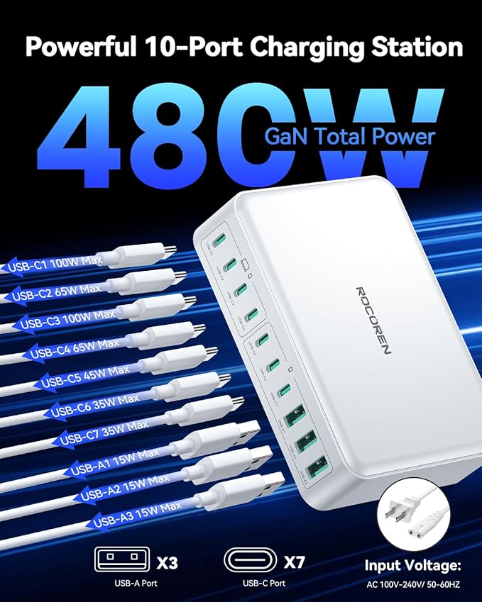 480W USB C Charger Block, Rocoren 10-Ports USB C Charging Station for Multiple Devices,PD 100W Type c Gan Fast Charger Station Multi USBC Charging Hub for Laptop MacBook HP iPad iPhone Samsung-DeskLoop Office
