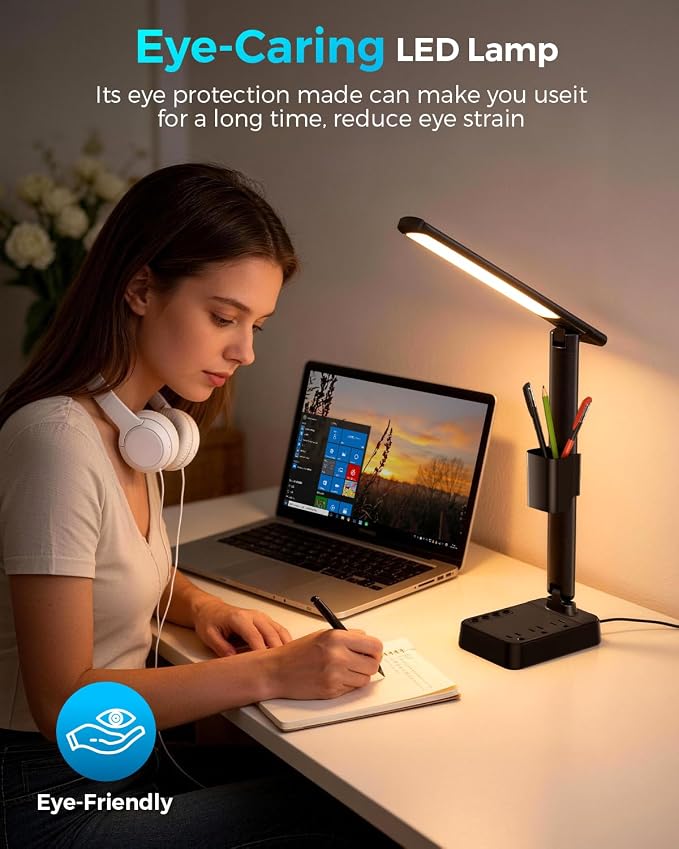 LED Desk Lamp with Power Strip, 3 AC Outlets & 4 USB Ports, Stepless Dimming & - Image 7